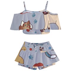 Cats Pattern Kids  Off Shoulder Skirt Bikini