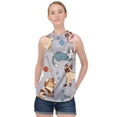 Cats Pattern High Neck Satin Top