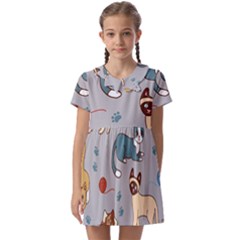 Cats Pattern Kids  Asymmetric Collar Dress