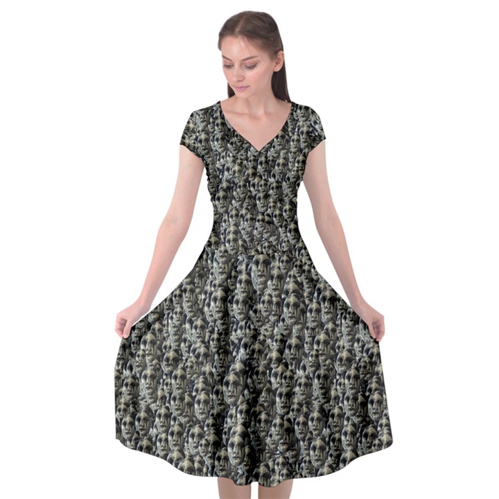 Creepy Head Motif Pattern Cap Sleeve Wrap Front Dress