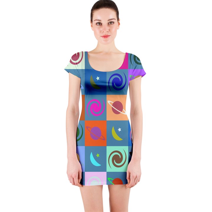 Space-pattern Multicolour Short Sleeve Bodycon Dress