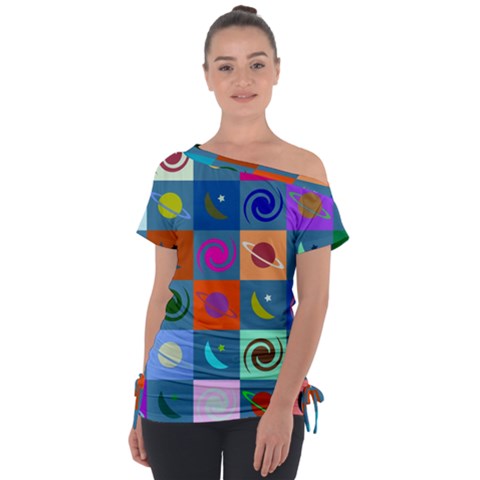 Space-pattern Multicolour Off Shoulder Tie-up Tee by Jancukart