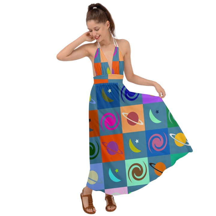 Space-pattern Multicolour Backless Maxi Beach Dress