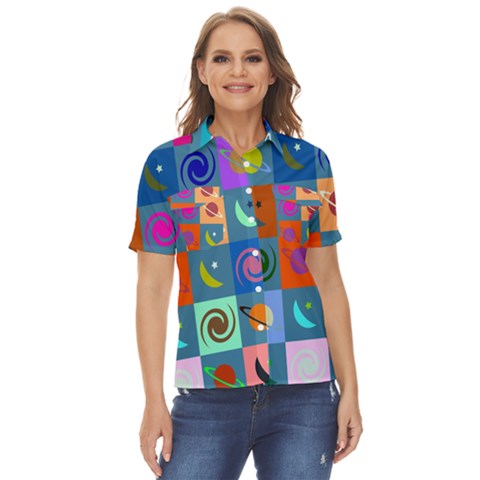 Space-pattern Multicolour Women s Short Sleeve Double Pocket Shirt by Jancukart