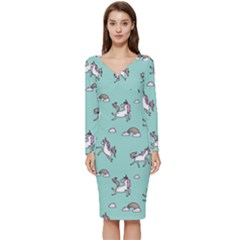 Unicorn Patterns Long Sleeve V-neck Bodycon Dress  by Jancukart