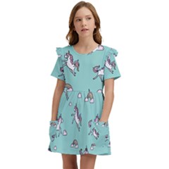 Unicorn Patterns Kids  Frilly Sleeves Pocket Dress