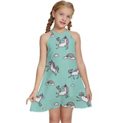 Unicorn Patterns Kids  Halter Collar Waist Tie Chiffon Dress