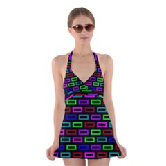 Colourful Bricks Pattern Colour Halter Dress Swimsuit 