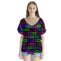 Colourful Bricks Pattern Colour V-neck Flutter Sleeve Top