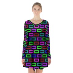 Colourful Bricks Pattern Colour Long Sleeve Velvet V-neck Dress by Jancukart