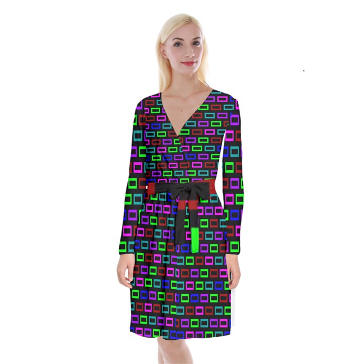 Colourful Bricks Pattern Colour Long Sleeve Velvet Front Wrap Dress