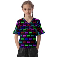 Colourful Bricks Pattern Colour Kids  V-neck Horn Sleeve Blouse