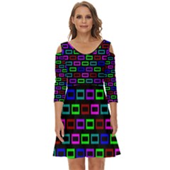 Colourful Bricks Pattern Colour Shoulder Cut Out Zip Up Dress