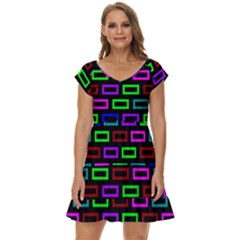 Colourful Bricks Pattern Colour Short Sleeve Tiered Mini Dress