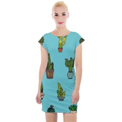 Succulents Teal Back Cap Sleeve Bodycon Dress