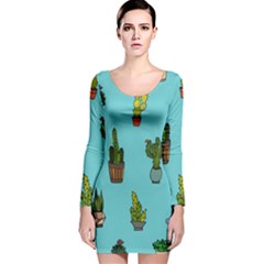 Succulents Teal Back Long Sleeve Velvet Bodycon Dress