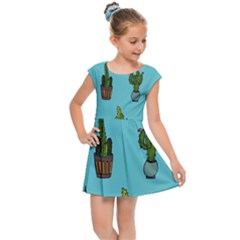 Succulents Teal Back Kids  Cap Sleeve Dress