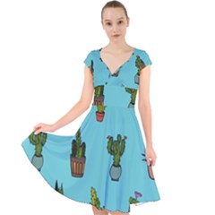 Succulents Teal Back Cap Sleeve Front Wrap Midi Dress