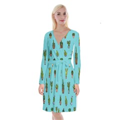 Succulents Teal Back Long Sleeve Velvet Front Wrap Dress