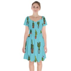 Succulents Teal Back Short Sleeve Bardot Dress