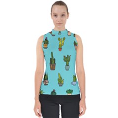 Succulents Teal Back Mock Neck Shell Top by Jancukart