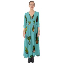 Succulents Teal Back Button Up Boho Maxi Dress