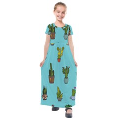 Succulents Teal Back Kids  Short Sleeve Maxi Dress