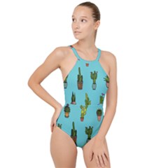 Succulents Teal Back High Neck One Piece Swimsuit