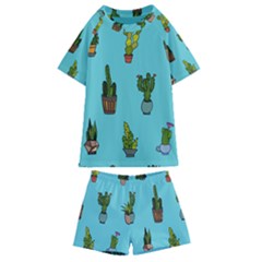 Succulents Teal Back Kids  Swim Tee And Shorts Set