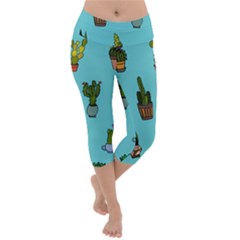 Succulents Teal Back Lightweight Velour Capri Yoga Leggings