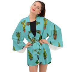 Succulents Teal Back Long Sleeve Kimono