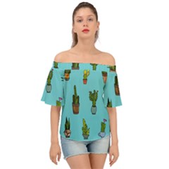 Succulents Teal Back Off Shoulder Short Sleeve Top