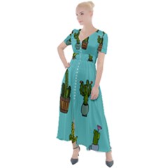 Succulents Teal Back Button Up Short Sleeve Maxi Dress by Jancukart