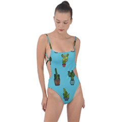 Succulents Teal Back Tie Strap One Piece Swimsuit