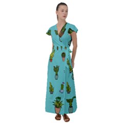 Succulents Teal Back Flutter Sleeve Maxi Dress