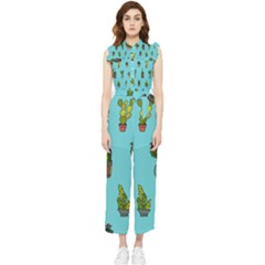 Succulents Teal Back Women s Frill Top Chiffon Jumpsuit