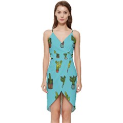 Succulents Teal Back Wrap Frill Dress