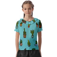 Succulents Teal Back Kids  Frill Chiffon Blouse