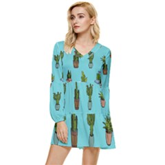 Succulents Teal Back Tiered Long Sleeve Mini Dress by Jancukart