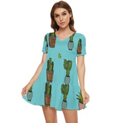 Succulents Teal Back Tiered Short Sleeve Babydoll Dress