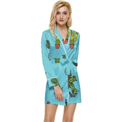 Succulents Teal Back Long Sleeve Satin Robe