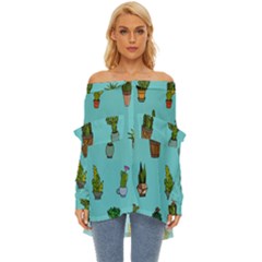 Succulents Teal Back Off Shoulder Chiffon Pocket Shirt