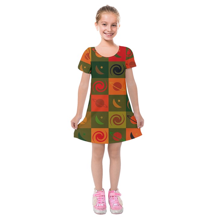 Space Pattern Multicolour Kids  Short Sleeve Velvet Dress