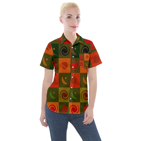 Space Pattern Multicolour Women s Short Sleeve Pocket Shirt by Jancukart