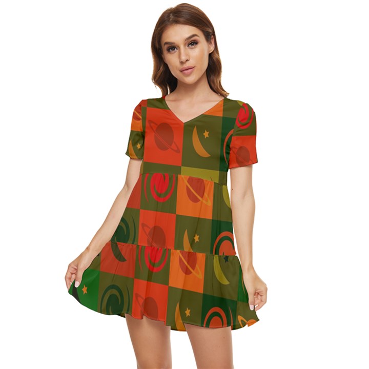 Space Pattern Multicolour Tiered Short Sleeve Babydoll Dress