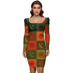 Space Pattern Multicolour Women Long Sleeve Ruched Stretch Jersey Dress