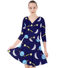 Space-pattern-colour Quarter Sleeve Front Wrap Dress