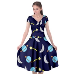 Space-pattern-colour Cap Sleeve Wrap Front Dress