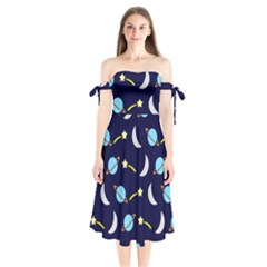 Space-pattern-colour Shoulder Tie Bardot Midi Dress by Jancukart