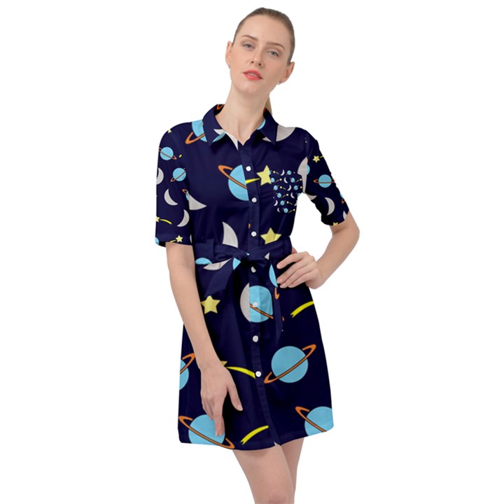 Space-pattern-colour Belted Shirt Dress